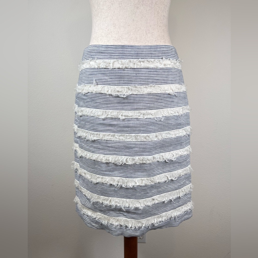 J Mclaughlin Elm A Line Fringe Skirt Size 6 Blue White Linen fits like sz 4